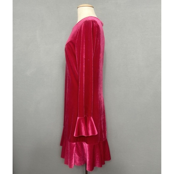 See and Be Seen Women Dress L Cassini Hot Pink Velvet Shift Ruffle Hem Retro - Picture 6 of 16